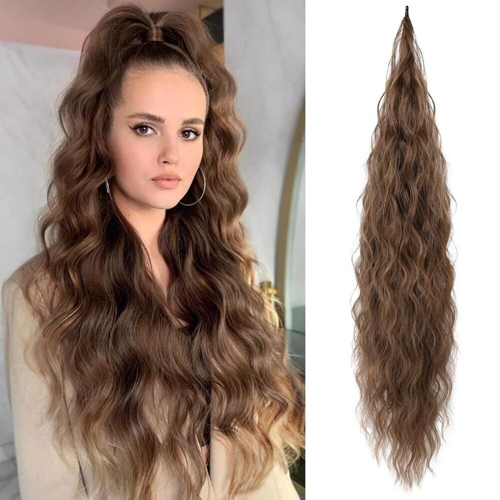 Long Wavy Curly Ponytail Hair Extensions Synthetic 32 Inch Brown Auburn
